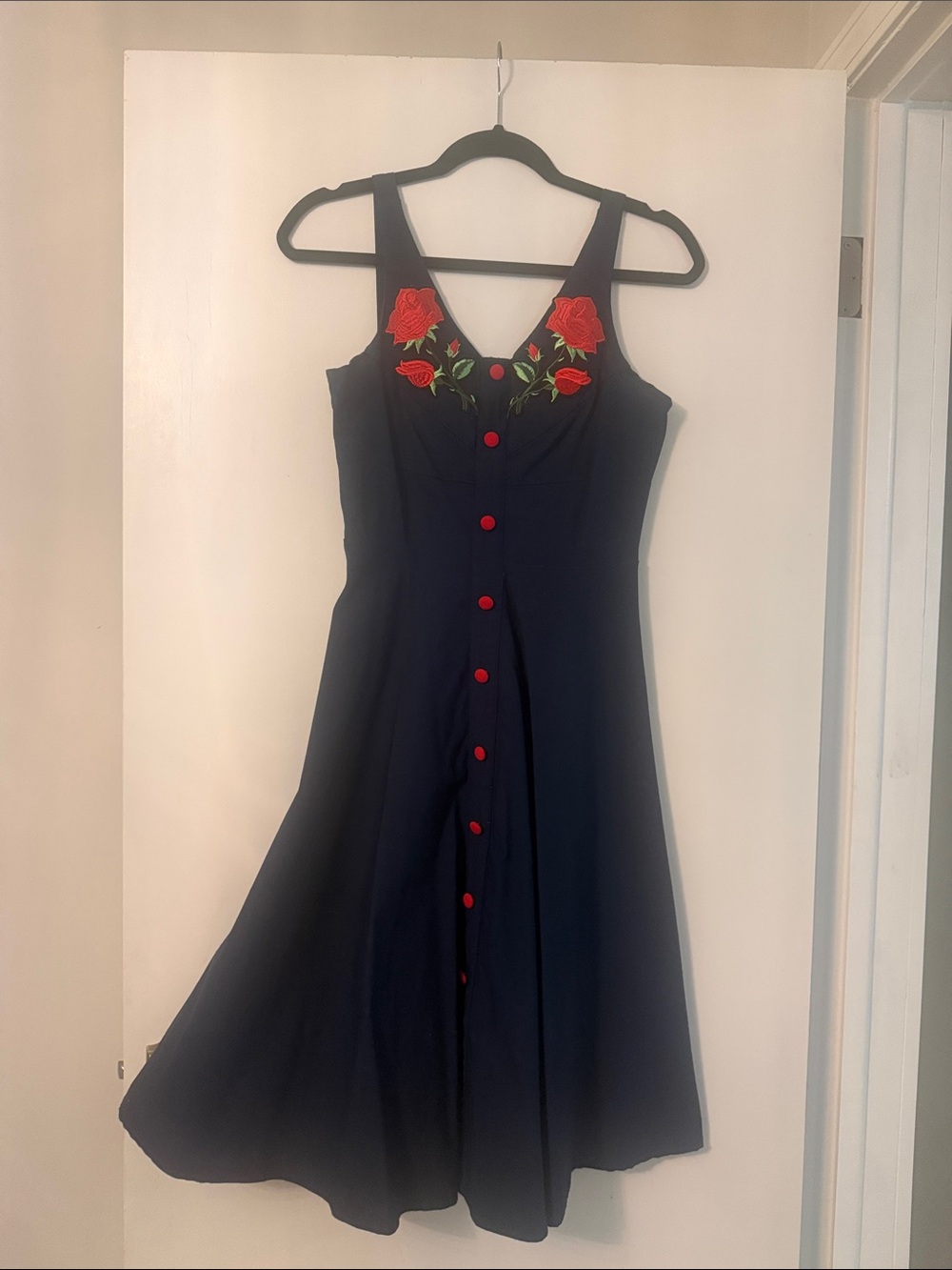 Belle Poque Navy Dress with Red Rose Embroidery and Red Button Front